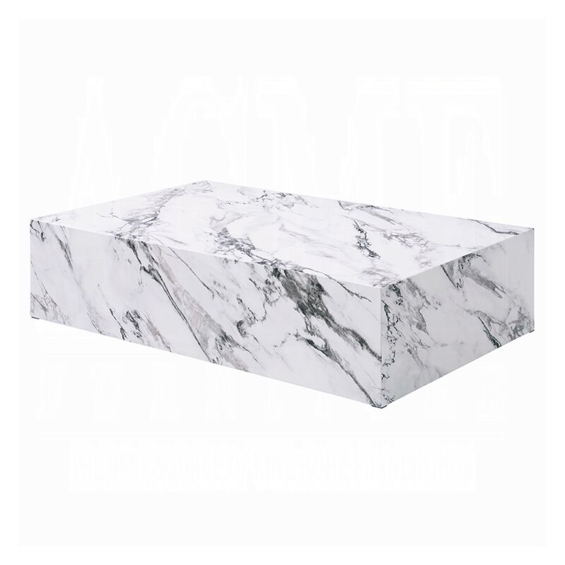 Ritzy Coffee Table, Modern Plinth, White Gray Faux Stone, 48 Inch image number 2