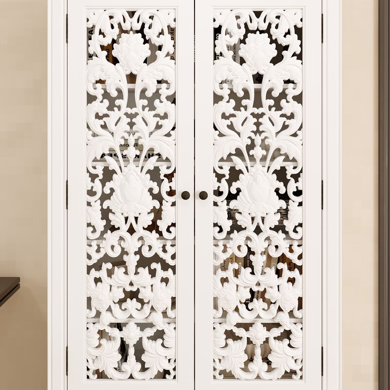FUFU&GAGA Carved White Wardrobe with 2 Doors & 2 Drawers, Antique Metal Pulls, Wood Grain Top (33.1 in. W x 15.7 in. D x 66.1 in. H)