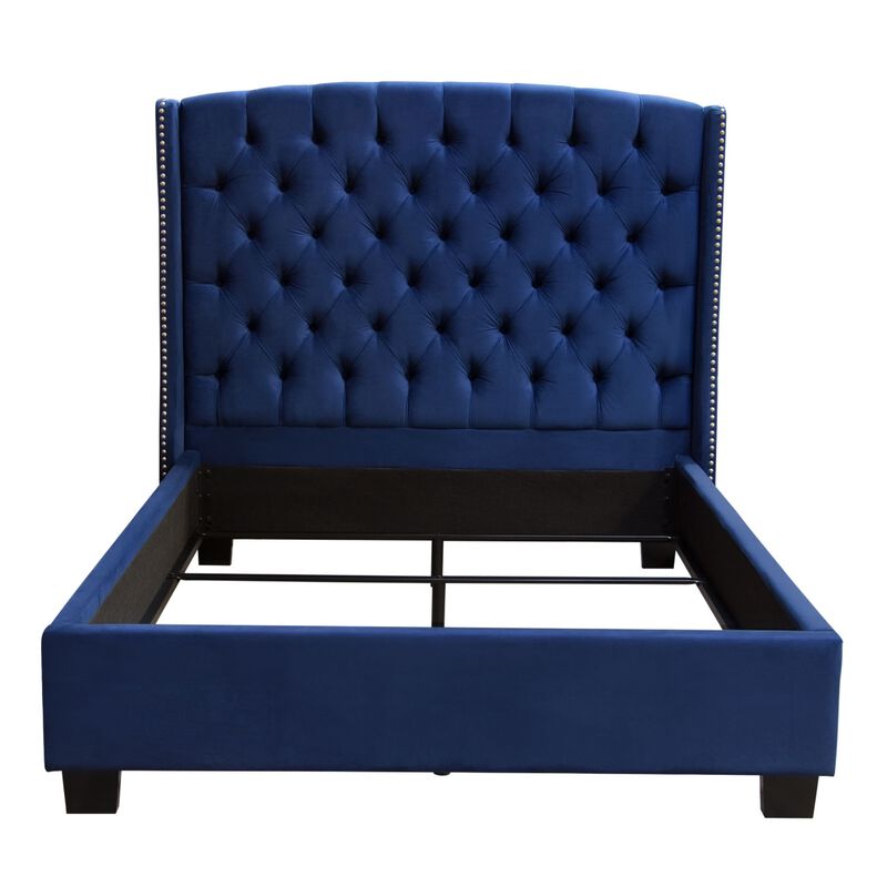 Mona Queen Size Bed, Navy Blue Velvet Upholstery, Nailhead Wingback Headboard
