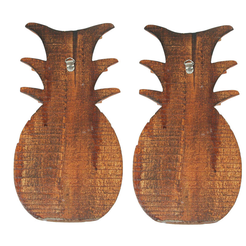 Set of 2 Hand Carved Wooden Pineapple Hanging Wall Art Sculptures Home Decor image number 2