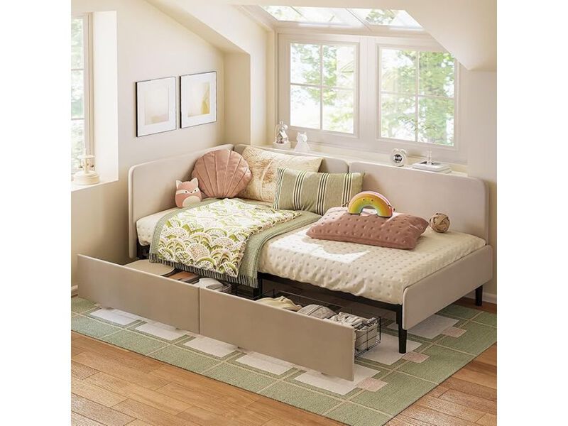 Twin Daybed &ndash; Beige Fabric Frame with Storage Drawers, Safety Rails & Convertible Sofa image number 2