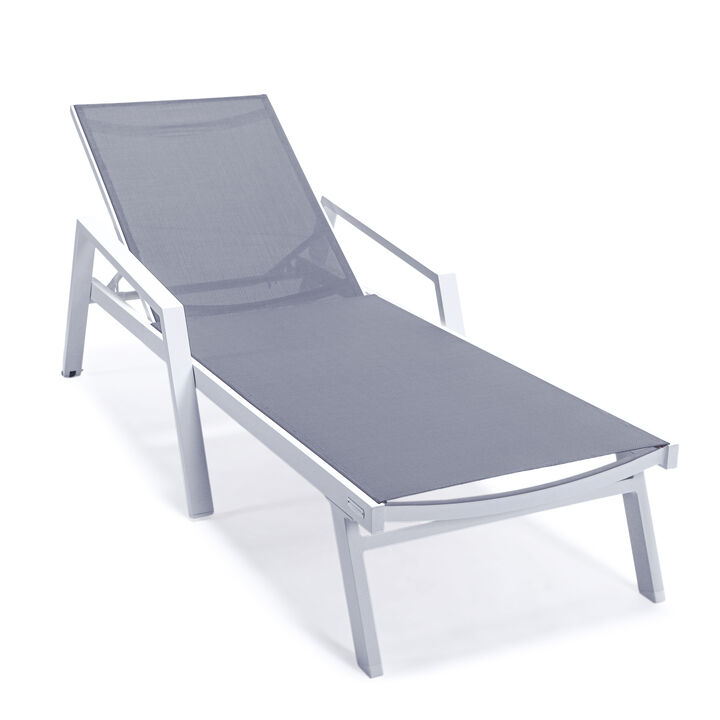 LeisureMod Marlin Adjustable Patio Chaise Lounge Chair with Armrests &ndash; White Aluminum