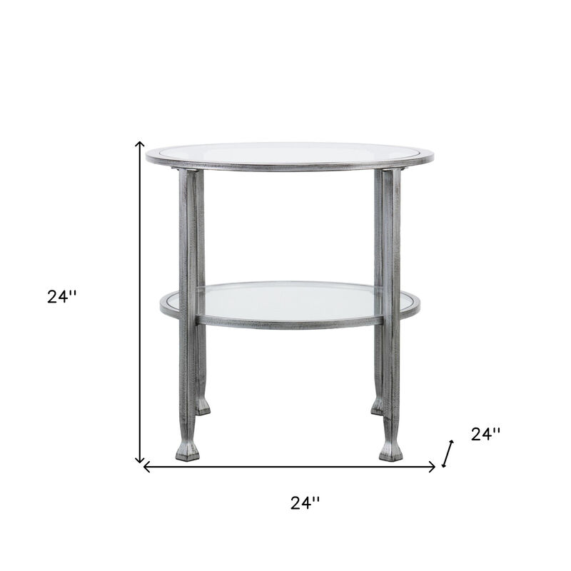 Hivvago 24 Inch Silver And Clear Glass And Distressed Iron Round End Table With Shelf