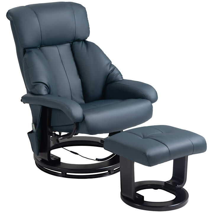 HOMCOM Massage Recliner Chair with Ottoman, 360° Swivel Recliner and Footstool, PU Leather Reclining Chair with Side Pocket and Remote Control, Blue