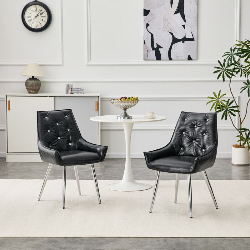 Set of 2 PU Leather Dining Chairs Crocodile Embossed Accent Chairs with Diamond Tufted Back Square Seat Chairs with Metal Legs image number 3