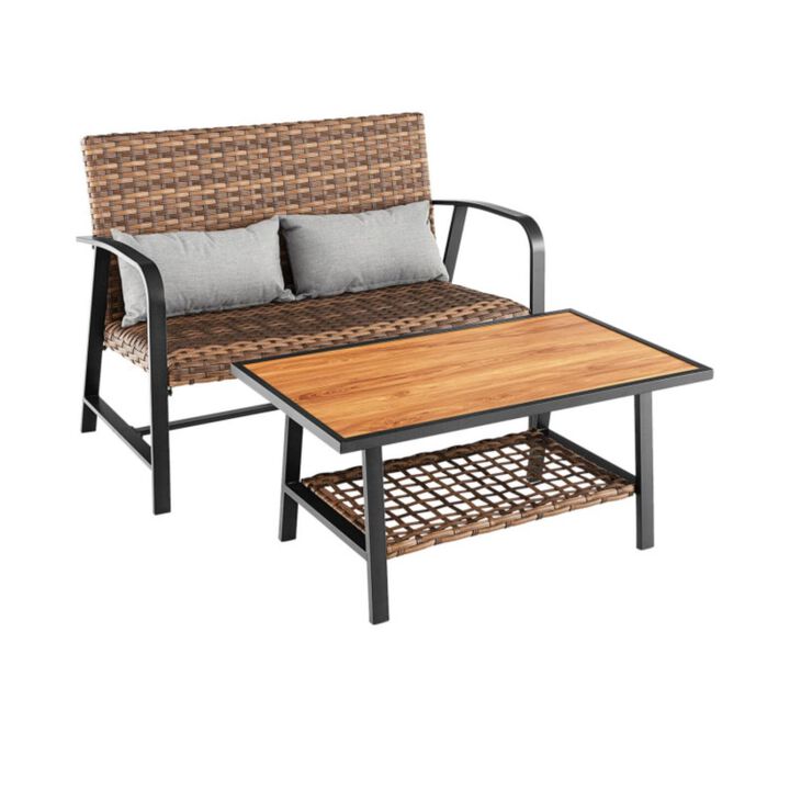 Hivvago 2 Pieces Patio Rattan Coffee Table Set with Shelf and Quick Dry Cushion