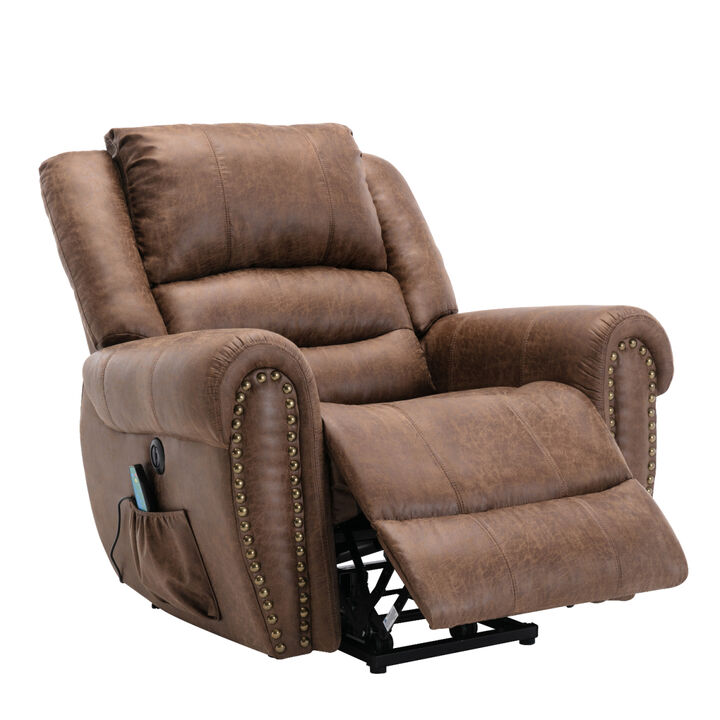 Power Lift Recliner Chairs with Massage and Heat Breathable Faux Leather Electric Lift Chairs for Elderly, Heavy Duty Big Man Recliners Power Reclining Chair with USB Port (Nut Brown)