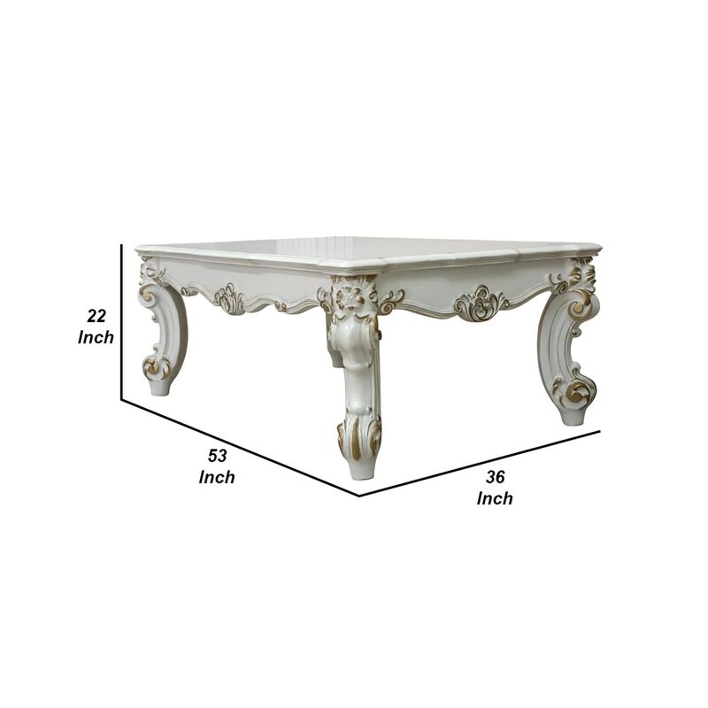Benjara Jess 53 Inch Coffee Table, Traditional Scrolled Legs, Brushed, White and Gold