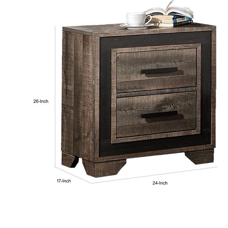 Nny 26 Inch Nightstand with 2 Drawers, Black Handles, Brown Wood Finish - Benzara