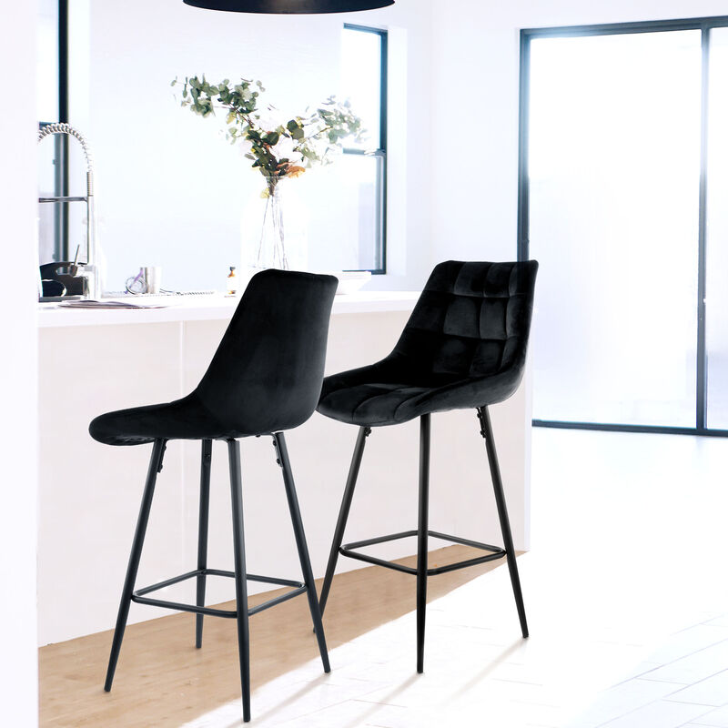 Elama 2 Piece Velvet Tufted Bar Chair in Black with Metal Legs