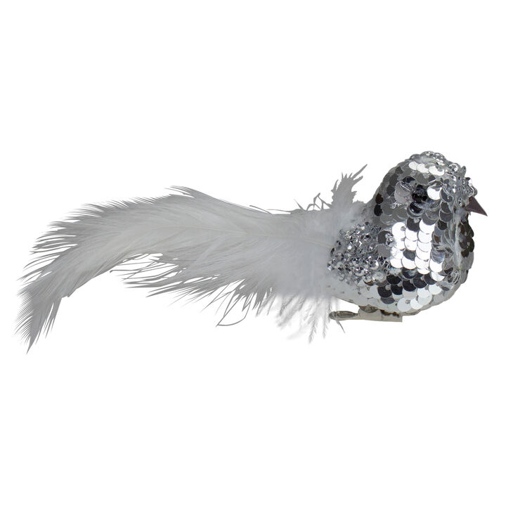 6" Silver Sequin Bird With White Feathers Clip On Christmas Ornament
