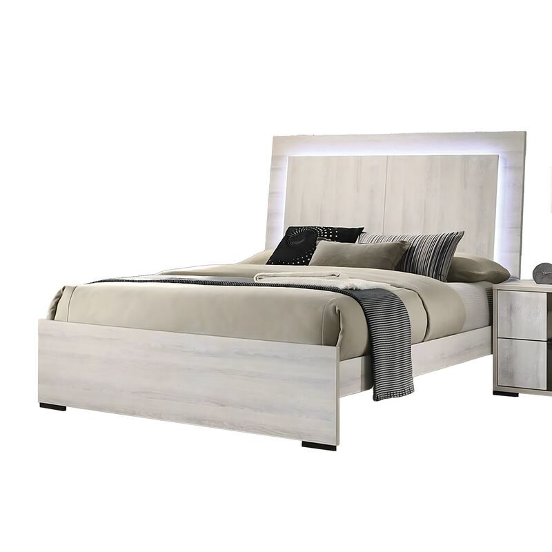 Hyao 4pc Queen Bedroom Set w LED Headboard, Whitewash, Dresser Mirror image number 2