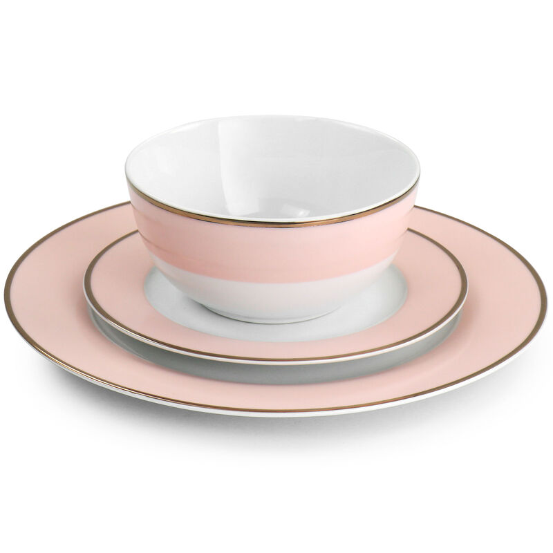 Martha Stewart Gold Rimmed 12 Piece Fine Ceramic Dinnerware Set in Pink