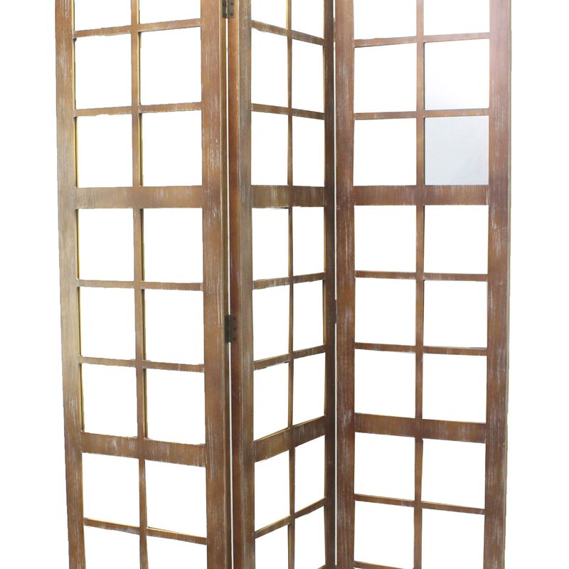 3 Panel Wooden Screen with Square Mirror Inserts, Brown and Silver - Benzara