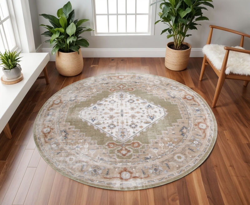 HomeRoots Floral Medallion Distressed Washable Round Rug image number 1