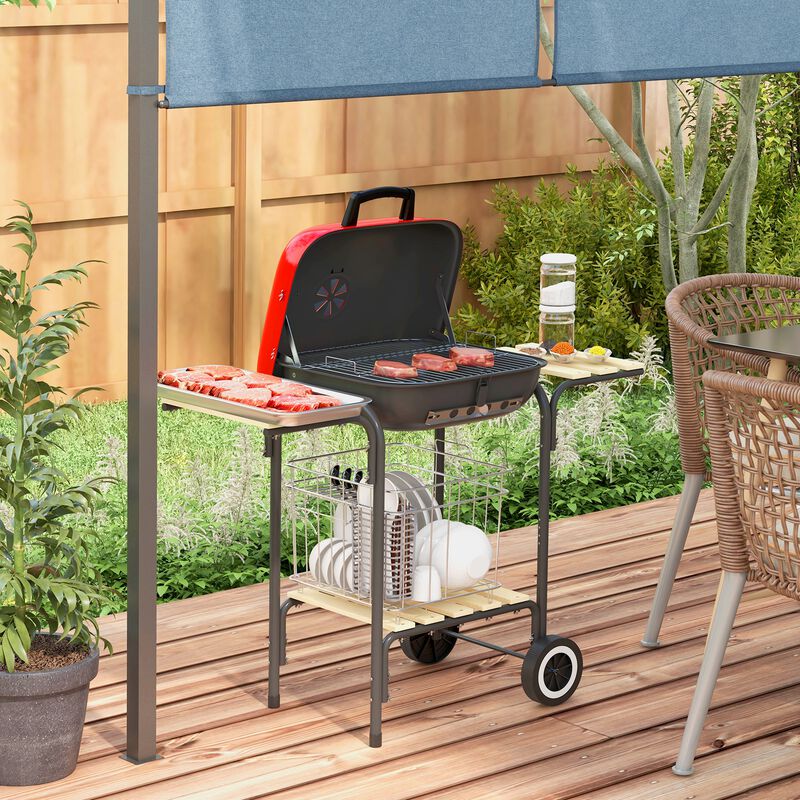 Outsunny 17" Portable Charcoal Grill with Wheels, 2 Side Tables and Bottom Shelf, BBQ with Adjustable Vents on Lid for Picnic, Camping, Backyard, Cooking, Red