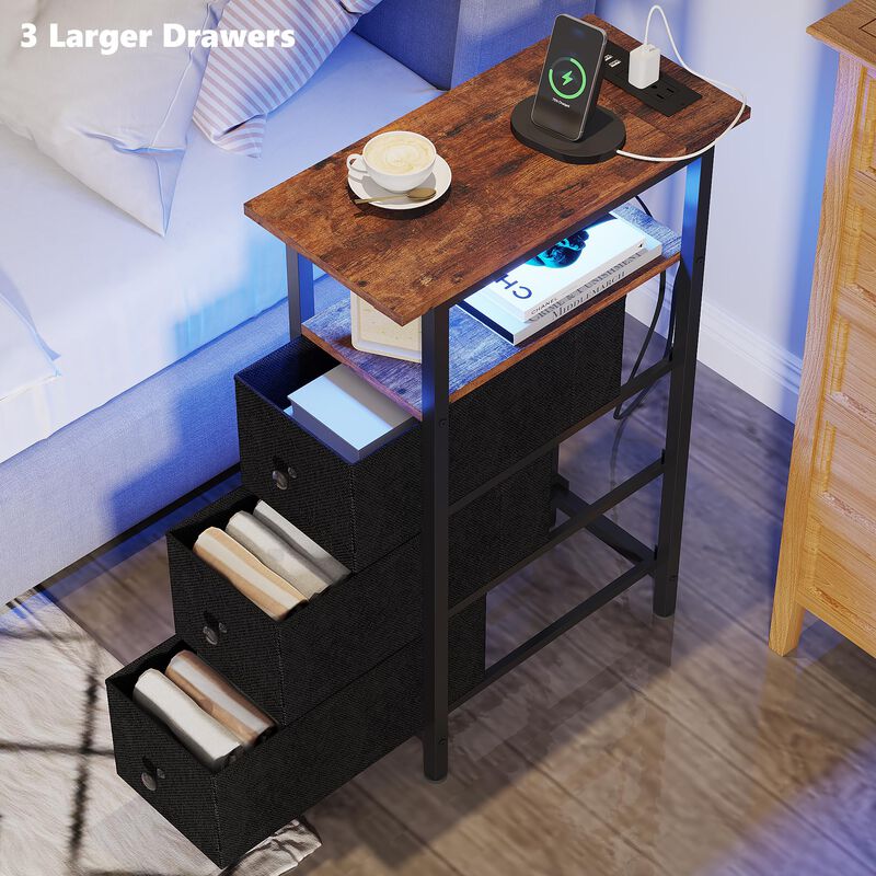 TRIFEBLE End Table with Charging Station, Narrow Side Table with 3 Fabric Drawers, Skinny Nightstand with LED Light, Slim Bedsid