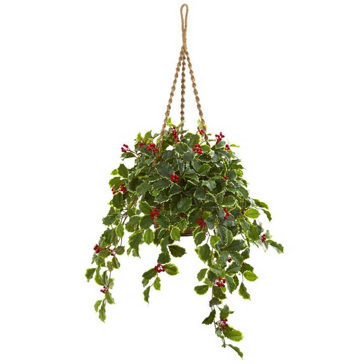 HomPlanti 40" Variegated Holly with Berries Artificial Plant in Hanging Basket (Real Touch)