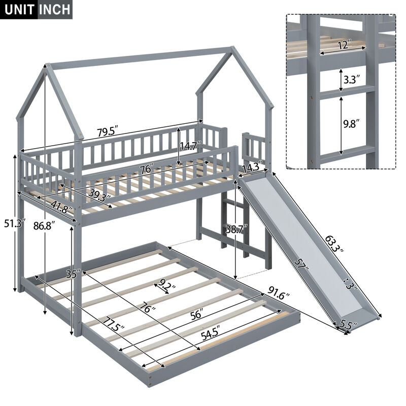 Twin Over Full House Bunk Bed With Slide And Built-In Ladder, Full-Length Guardrail