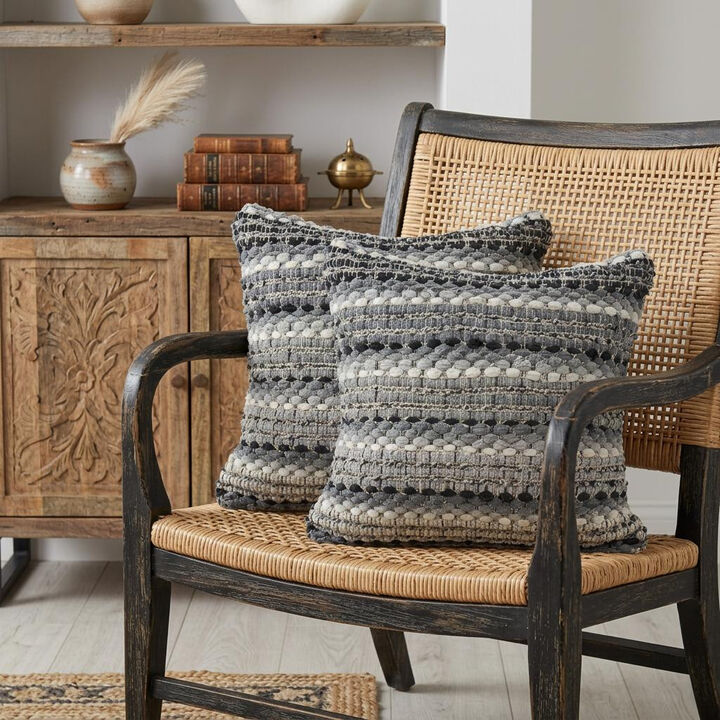 HomeRoots Set of Two 18" Black Gray and Ivory Striped Cotton Blend Throw Pillows with Texture