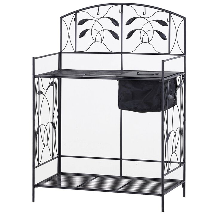 QuikFurn Black Metal Potting Bench with Wrought Iron Vine Accents and Fabric Potting Sink