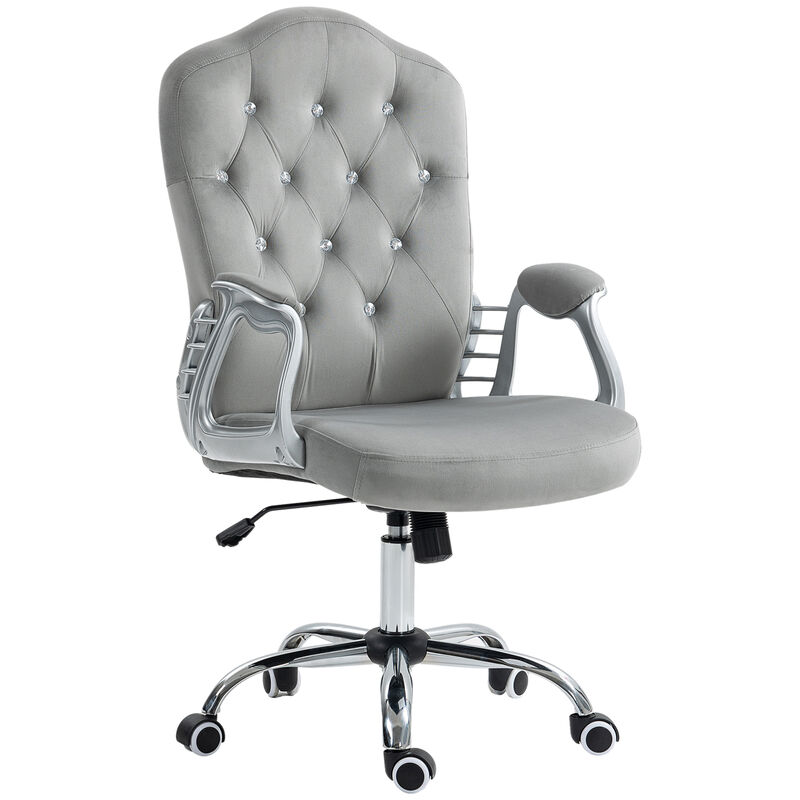 Vinsetto Home Office Chair, Velvet Computer Chair, Button Tufted Desk Chair with Swivel Wheels, Adjustable Height, and Tilt Function, Light Gray