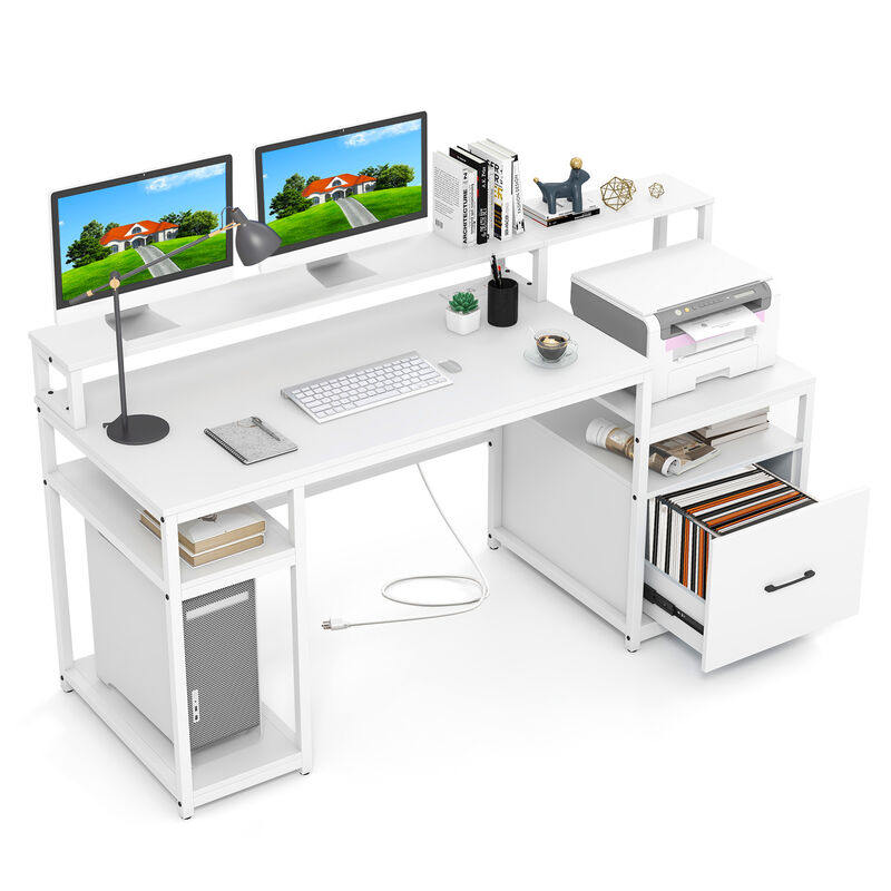 Computer Desk with Monitor Stand and File Drawer for Home Office or Study Room