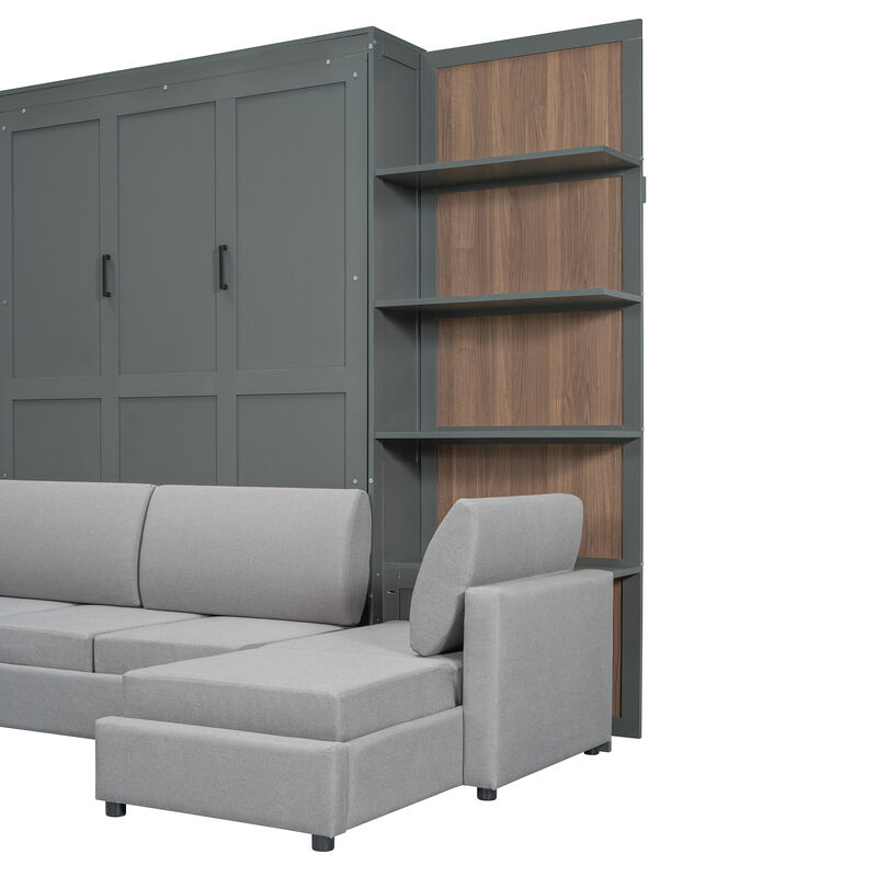 Whisen Queen Size Murphy Bed Wall Bed with Sofa and Shelves