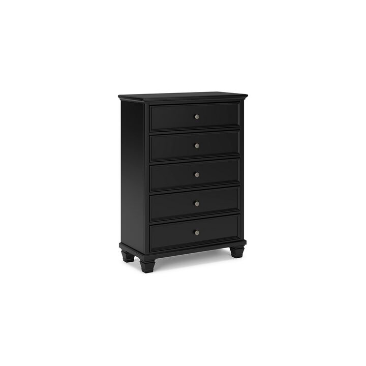 Lemo Tall Dresser Chest, 5 Drawer, Nickel Round Knob, Black Solid Wood - Benzara