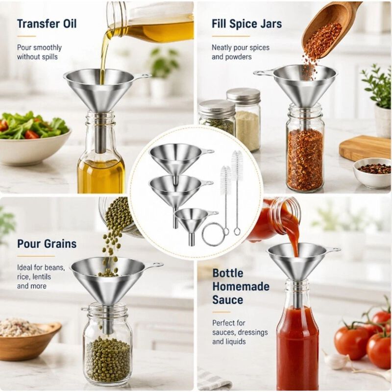 Stainless Steel Kitchen Funnel Set with Cleaning Brushes image number 3