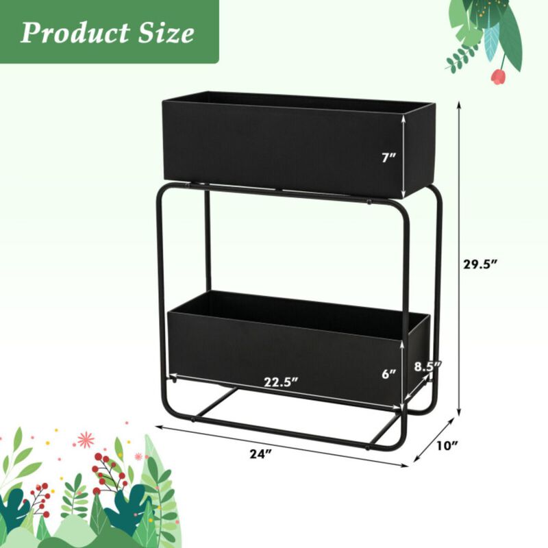 Hivvago 2-Tier Metal Elevated Garden Bed with Raised Flower Box-Black