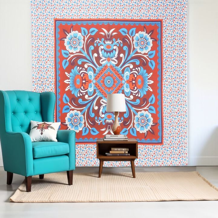 HomeRoots 88" X 84" Red Blue And White Floral Cotton Hanging Tapestry