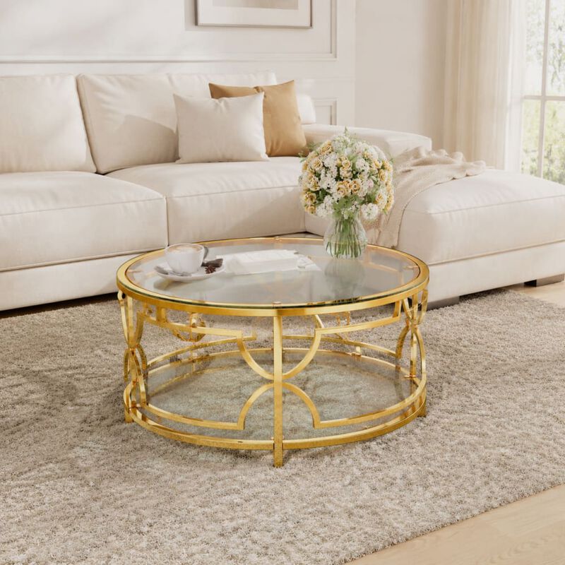 GOODSILO Round Tempered Glass Coffee Table with Geometric Metal Frame, Lower Shelf for Living Rooms and Small Modern Spaces image number 2