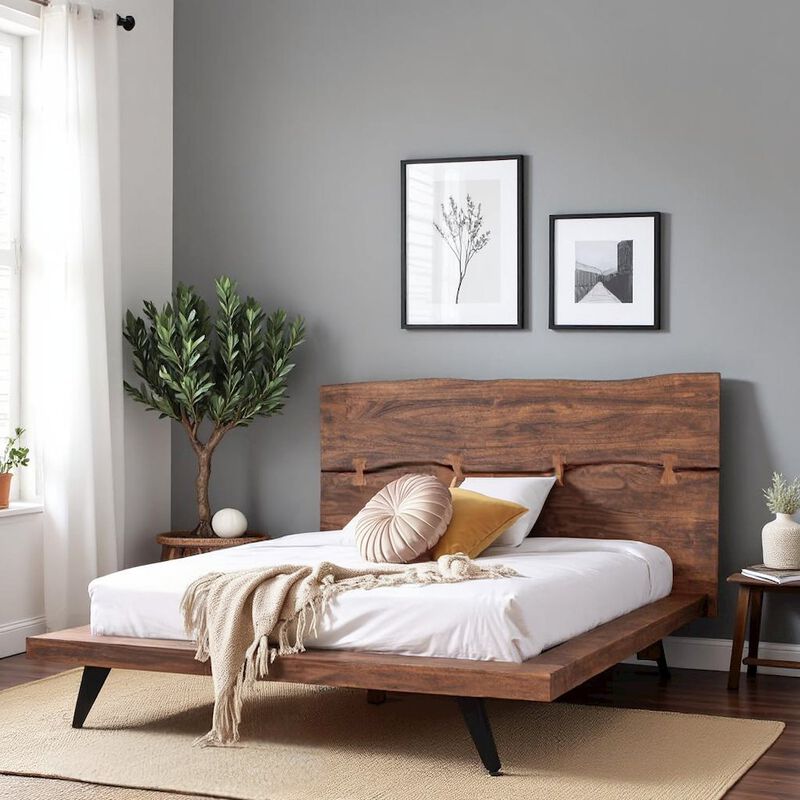 Starlight Canyon Home Solid Acacia King Bed Frame and Headboard with Steel Legs, Wooden Bed Frame image number 6