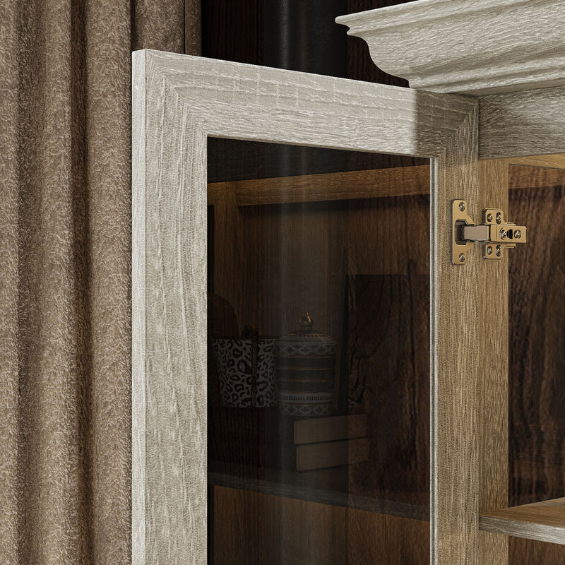 FUFU&GAGA Tall Glass Display Cabinet with LED Strip Light (37" W x 18.5" D x 69.3" H), Saw-Cut Gray Oak Finish