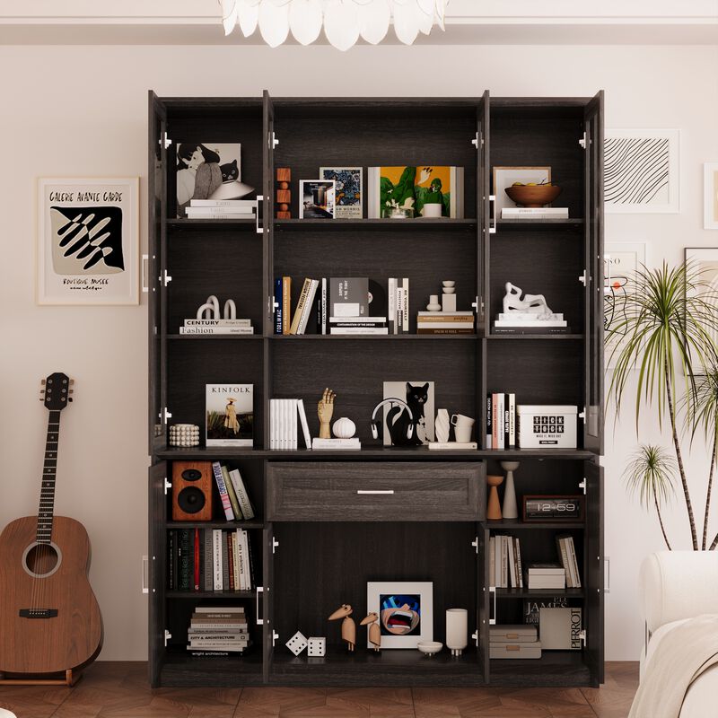 FUFU&GAGA Retro 8-Door Cabinet with a Drawer, Beveled Frame & Angled Panel Design, Glass & Wood Grain Finish, Brushed Metal Handles (60.6 in. W x 15.7 in. D x 79.9 in. H), Dark Brown