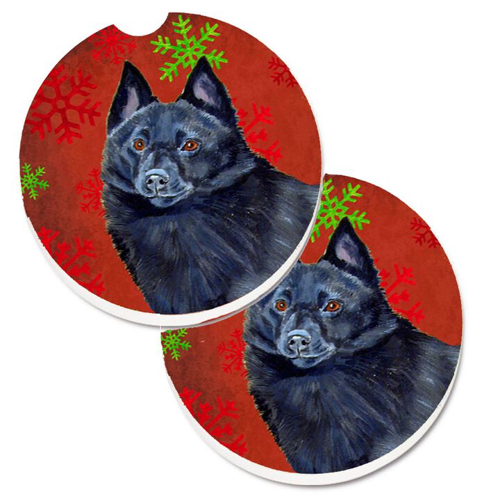 Caroline's Treasures Schipperke Red & green Snowflakes Holiday Christmas Set of 2 Cup Holder Car Coasters LH9339CARC, 2.56, Multicolor