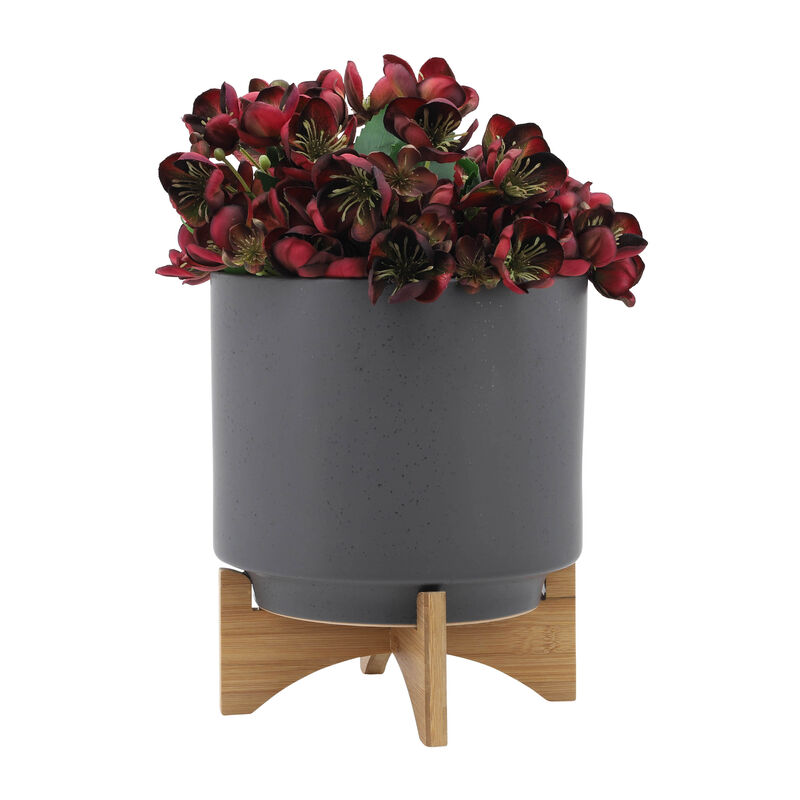 Planter with Wood Stand, Matte Gray