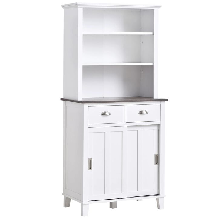 White Kitchen Storage: Cupboard Hutch with Sliding Doors and Drawers