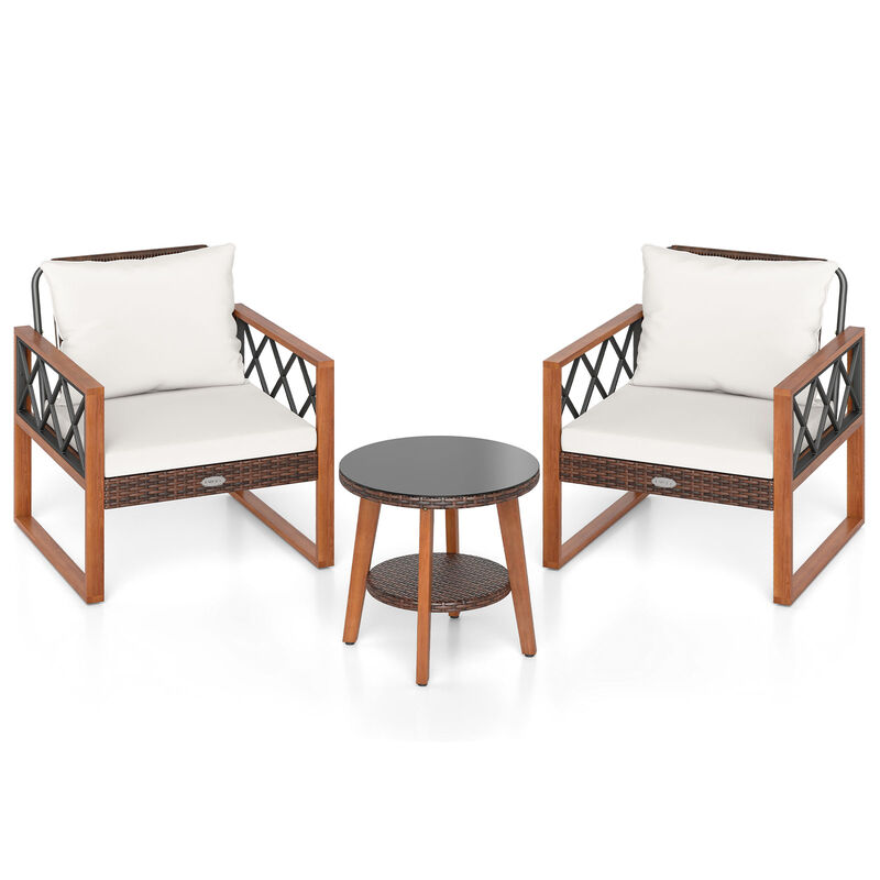 Outdoor 3 Piece Patio Furniture Set with Cushions and Tempered Glass Top Table-Off White image number 0