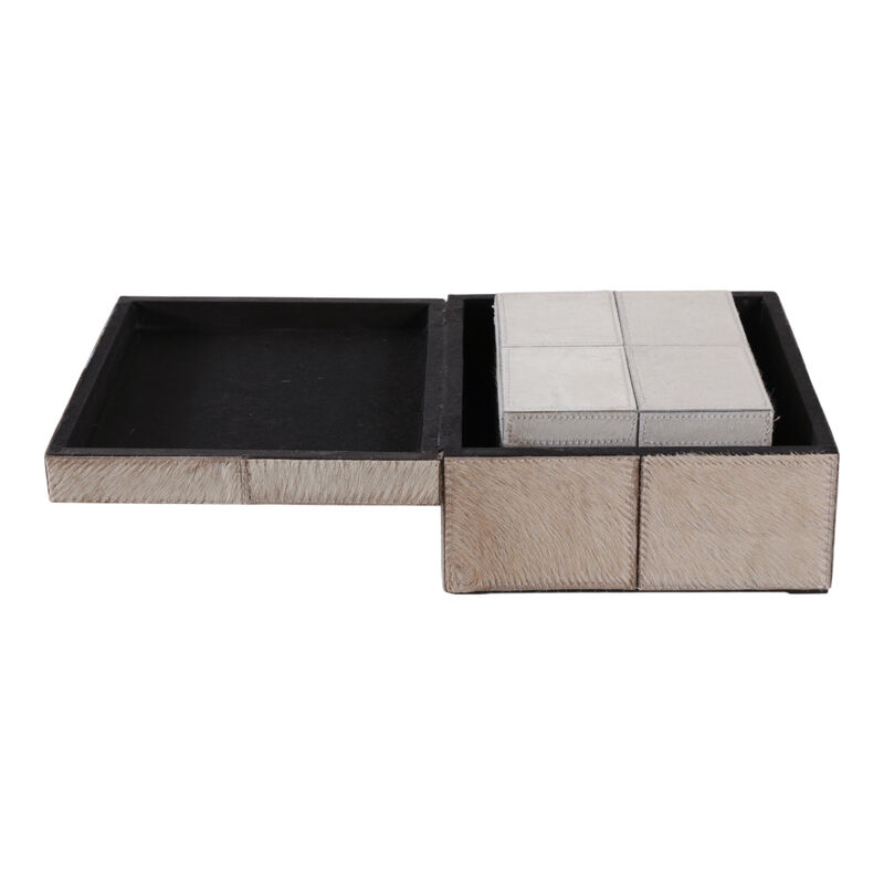 S/2 9/12" Hair On Hide Patchwork Boxes, Ivory/tan image number 3