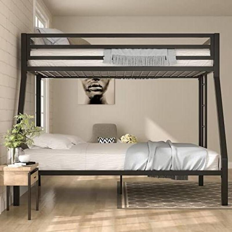 Full Modern Metal Bunk bed Frame in White with Ladder