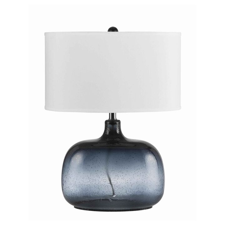 Glass Body Table Lamp with Drum Shade and Bubble Design, Blue and White - Benzara