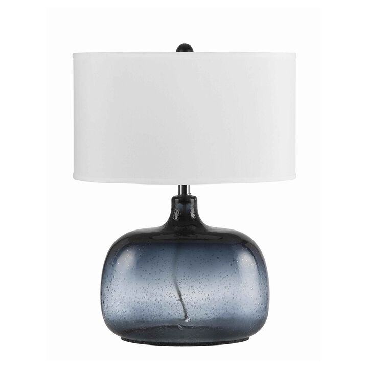 Glass Body Table Lamp with Drum Shade and Bubble Design, Blue and White-Benzara