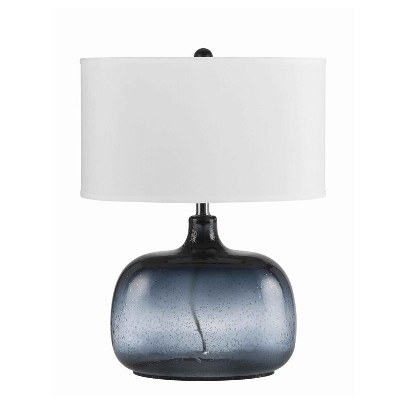 Glass Body Table Lamp with Drum Shade and Bubble Design, Blue and White - Benzara