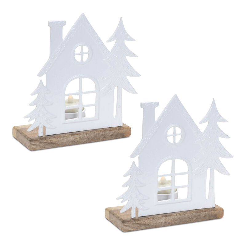 Set of 2 Metal House Tealight Holders for Holiday Tabletop or Shelf Display
