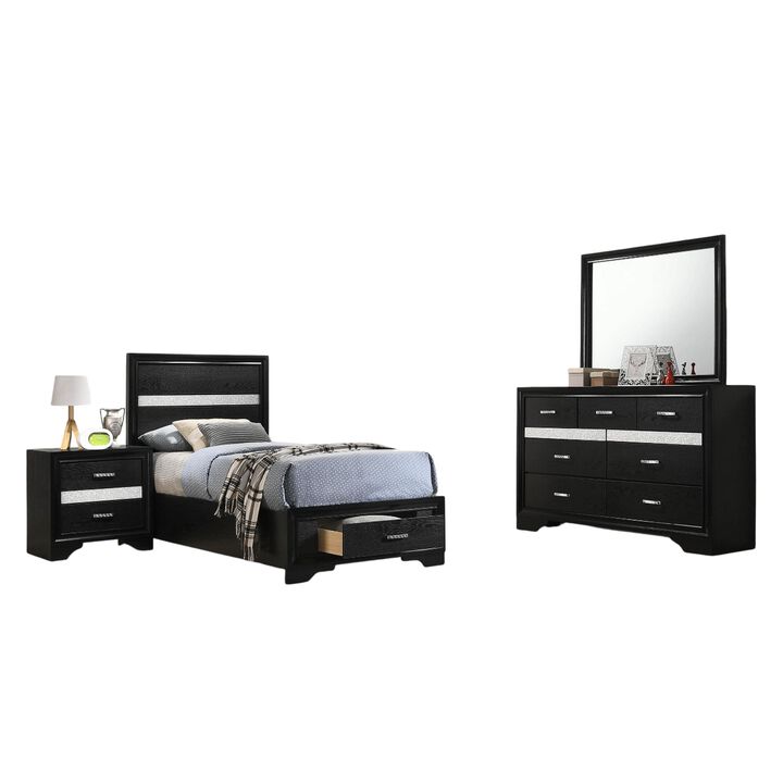 Vino 4pc Twin Bedroom Set, Storage Footboard, Black, Glitter Stripes