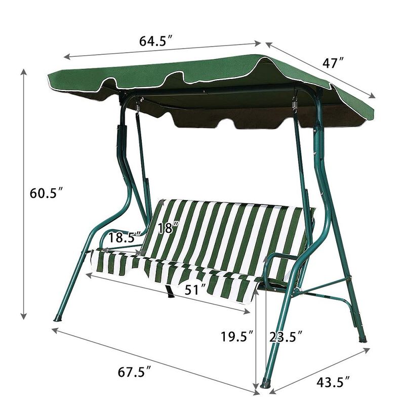 3 Seats Patio Canopy Cushioned Steel Frame Swing Glider Hammock