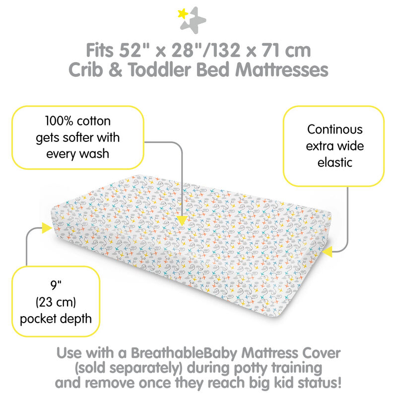 BreathableBaby Cotton Percale Fitted Sheet, For 52" x 28" Crib & Toddler Bed Mattress (2-Pack)