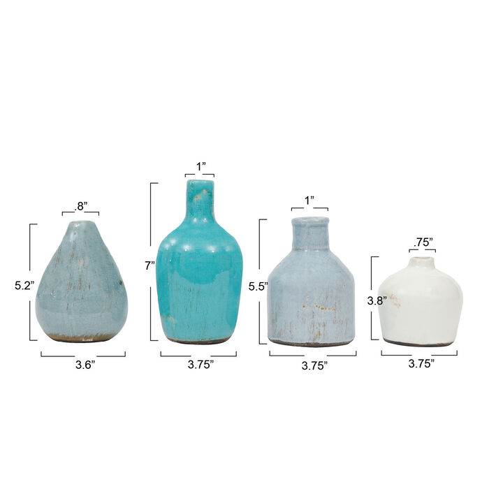 Round Stoneware Vases, Blue and Ivory, Set of 4